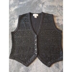 VTG  WORTHINGTON Beaded Cardigan Vest Womens M Petite Black Holiday Cottage